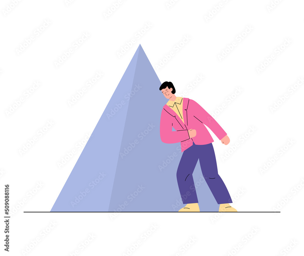Fototapeta premium Man in pink jacket pushes with his shoulder huge triangular stone flat style