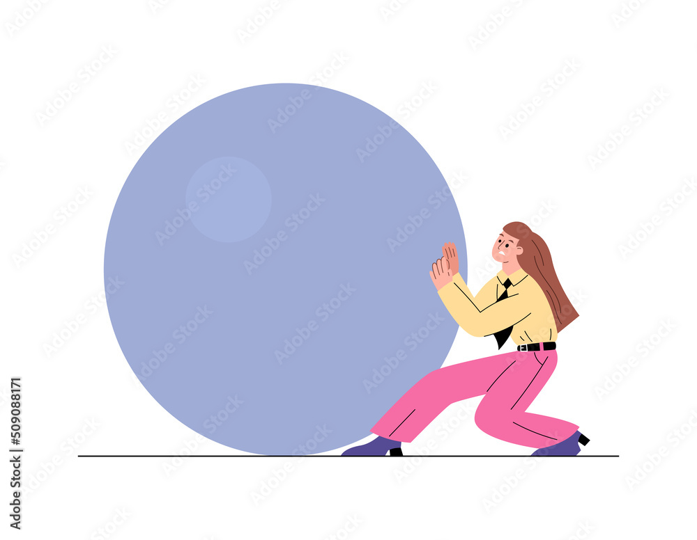 Business woman pushing stone with great effort flat vector illustration isolated. Business woman pushing stone with great effort flat vector illustration isolated.
