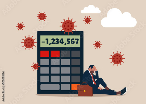 Depressed entrepreneur sitting with calculator negative numbers and virus pathogen. Money loss in Coronavirus COVID-19 crisis, entrepreneur or company cannot pay for debt and bankruptcy.
