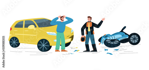 Angry men arguing over car accident with motorbike, flat vector illustration isolated on white background.
