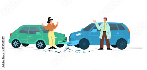 Man and woman arguing over car accident, two cars crashed, flat vector illustration isolated on white background.