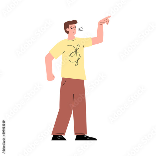 Confident young boy talking and pointing flat style, vector illustration