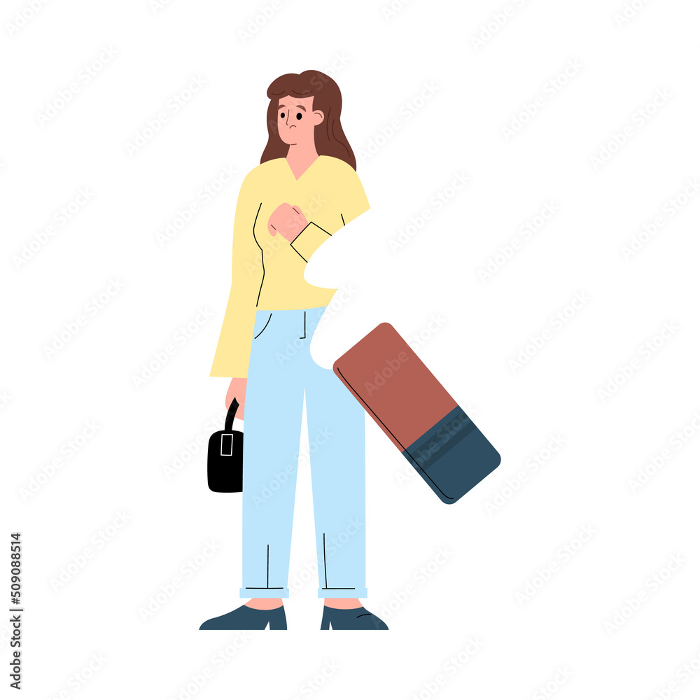 Sad female character being erased with eraser flat style, vector illustration