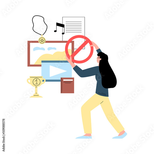 Woman imposes a ban on content in social network, vector illustration isolated.