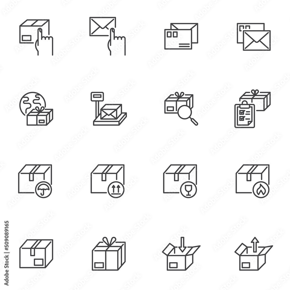 Postal shipping line icons set Postal shipping line icons set