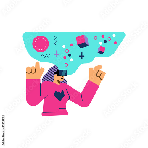 Woman in VR glasses in metaverse space, flat vector illustration isolated.