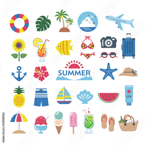 夏のイラストセット　夏　海　旅行　アイコン