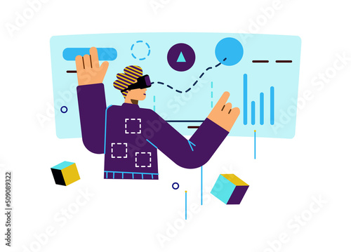 Metaverse technology of business workflow visualization, flat vector isolated.