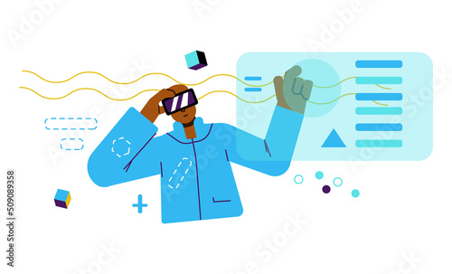 Bald guy in blue jacket and virtual reality glasses explores metaverse flay style