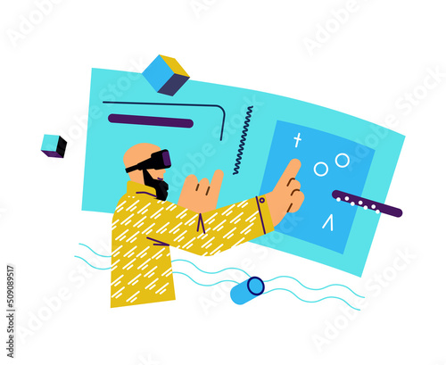 Man interacting with virtual-reality space, flat vector illustration isolated.