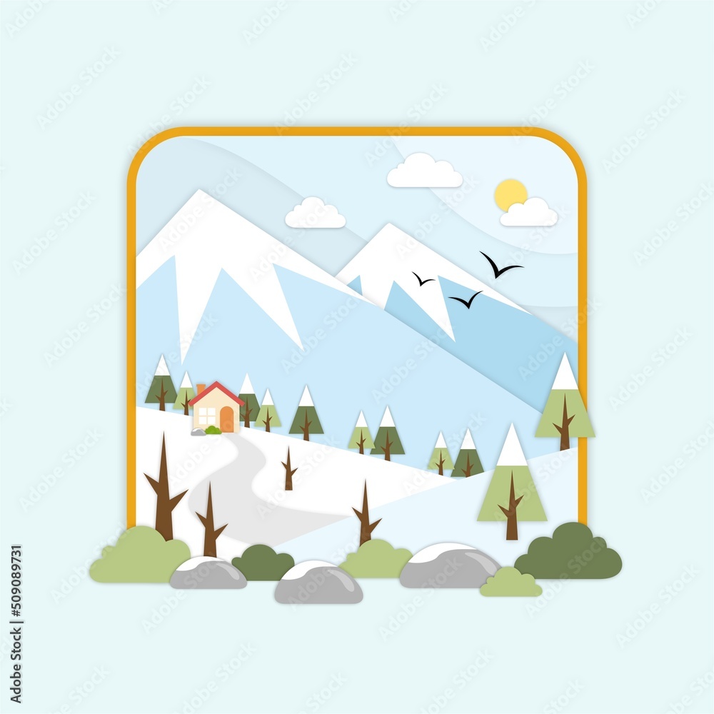 Four Seasons Rural Landscape Illustration with Trees, Rocks, Flowers, Mountain Four Seasons Rural Landscape Illustration with Trees, Rocks, Flowers, Mountain