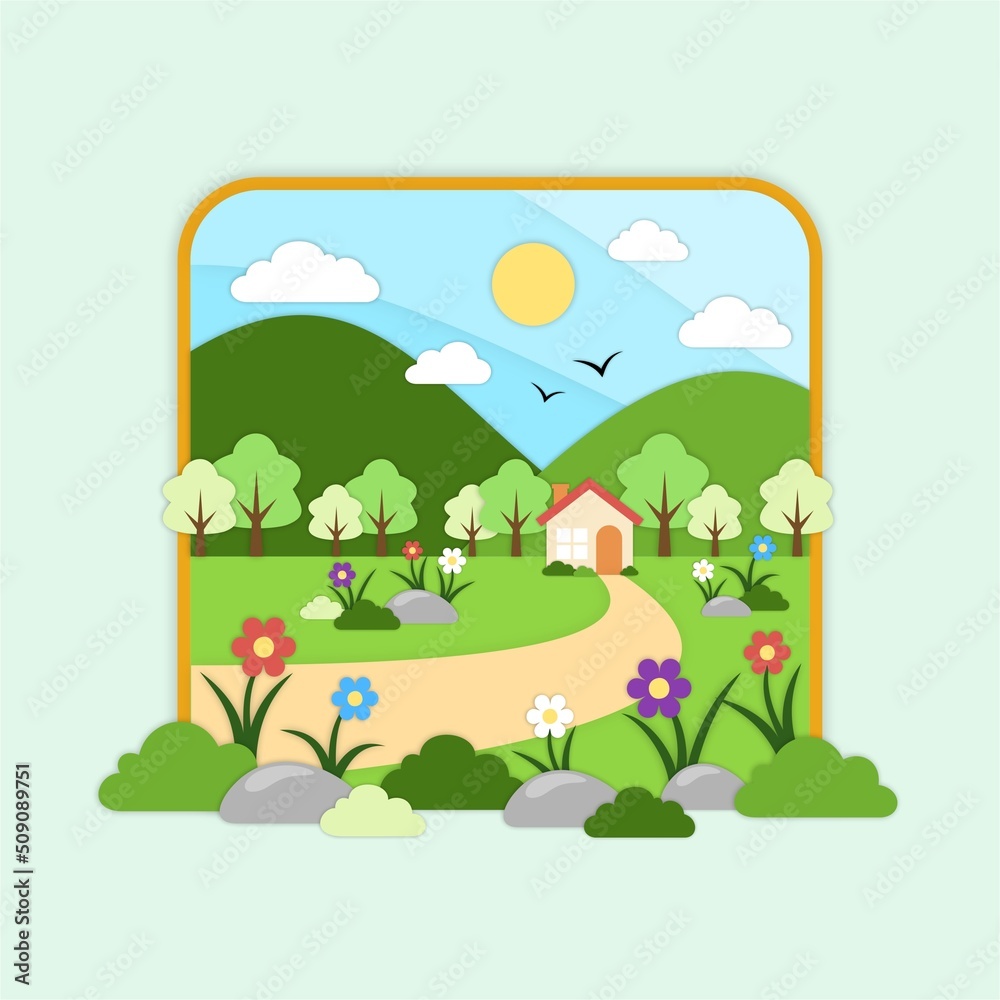 Obraz premium Four Seasons Rural Landscape Illustration with Trees, Rocks, Flowers, Mountain