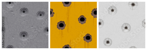 Wall textures with bullet holes of gun shots. Vector grunge seamless patterns of metal with orange paint, stone and concrete wall with bulletholes, orifices of gunshots