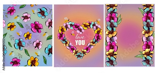Floral postcard layouts of three set, hand draw, copy space, illustration. Invitation mockup, wedding day, birthday