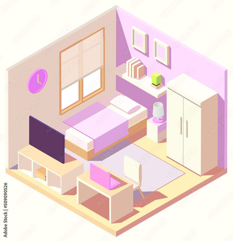 isometric pink Modern bedroom interior vector illustration