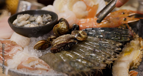 Bowl of seafood for hotpot in restaurant