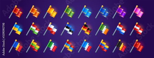 Game icons with flag of different countries and color pennants on pole. Vector cartoon set of waving flags of Ukraine, Belgium, Austria, France, Germany, China, Poland and other