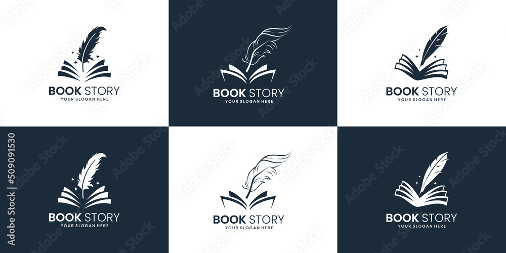 set of book story feather logo design inspiration. note and quill logo design collection. - obrazy, fototapety, plakaty 