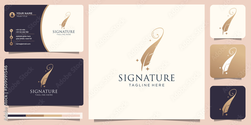 luxury quill signature logo template inspiration with business card and gradient gold color premium