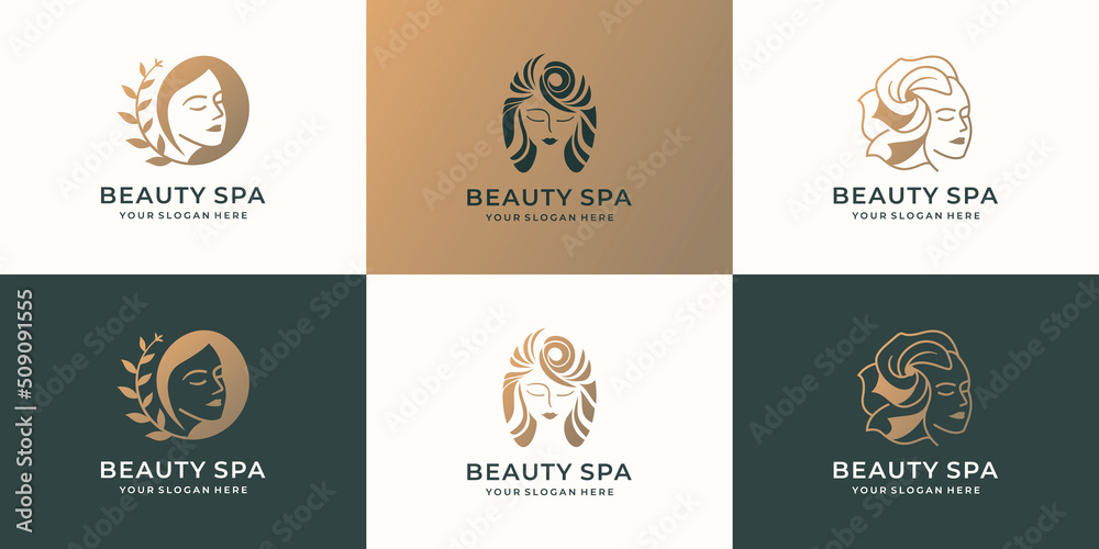 set of beauty woman logo. feminine beauty spa woman hair style, gold color, beauty logo inspiration.