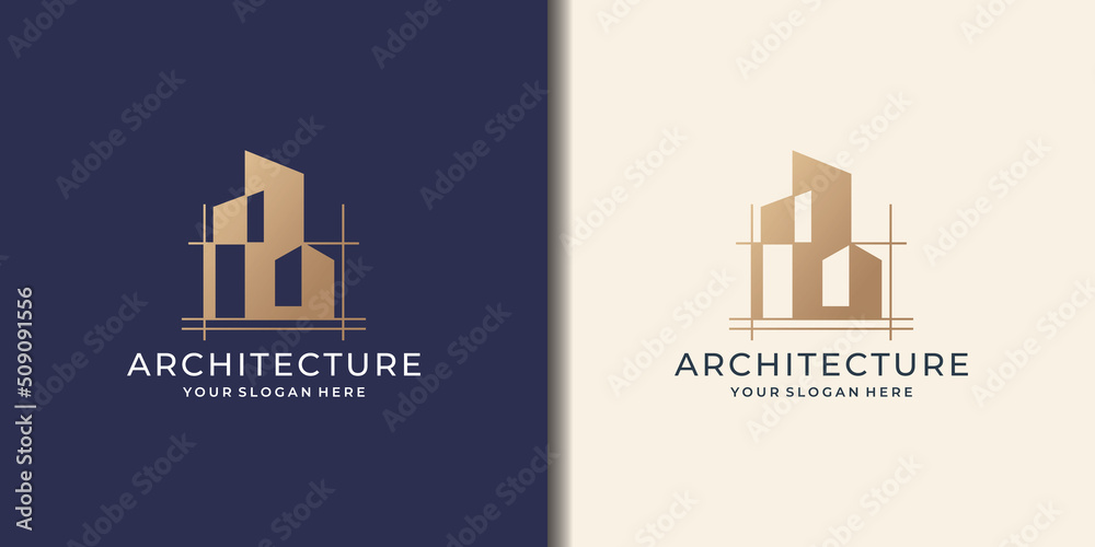 Architecture logo template. architectural building logo design inspiration with line concept and building construction sketch design with golden color style.