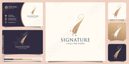 luxury quill signature logo template inspiration with business card and gradient gold color premium