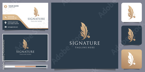 signature quill feather logo. signature design with luxury golden color and business card template.