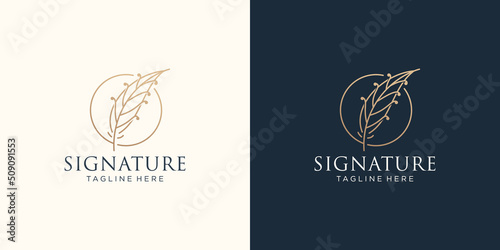minimal quill signature logo template. inspiration luxury feather with circle frame concept.