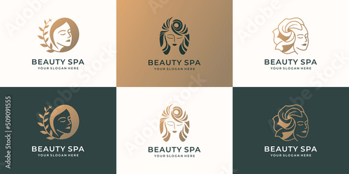 set of beauty woman logo. feminine beauty spa woman hair style, gold color, beauty logo inspiration.