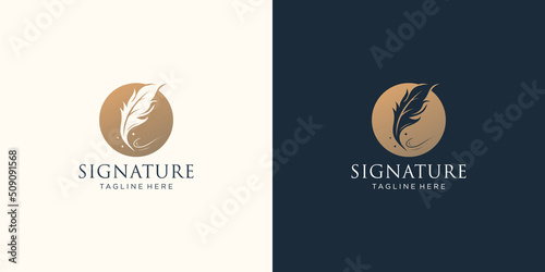 luxury author quill signature logo template. in negative space circle concept. luxury signature pen feather inpiration