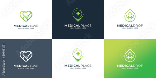 set of creative medical logo template.medical love, location, drop. medical logo branding modern set