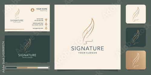 minimalist signature quill pen logo design and business card with ink linear and premium gold color inspiration. quill logo