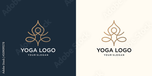 Abstract yoga human line logo. Thread person flower balance logotype. Creative spa, guru vector mark