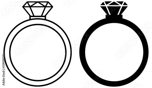 Gem ring outline and silhouette icon. Gemstone ring vector illustration isolated on white background.