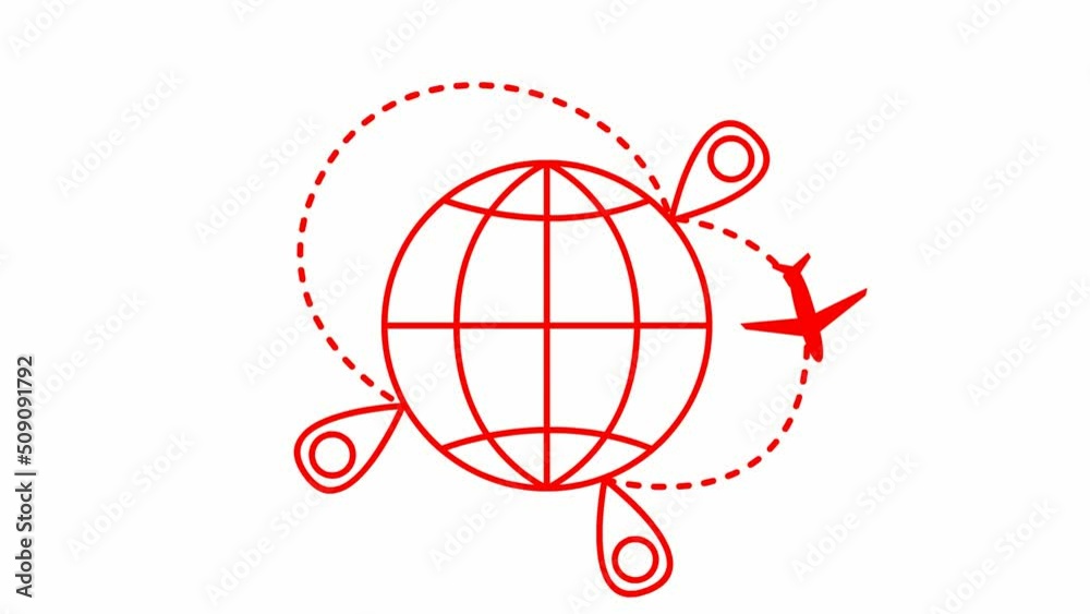 Animated the red plane flies on a trajectory around the planet Earth. Airplane travel. Transfer on the airplane. Looped video. Line vector illustration isolated on a white background. 