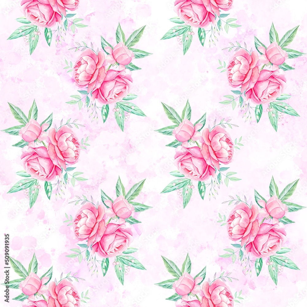 Seamless pattern with pink peonies on a light background