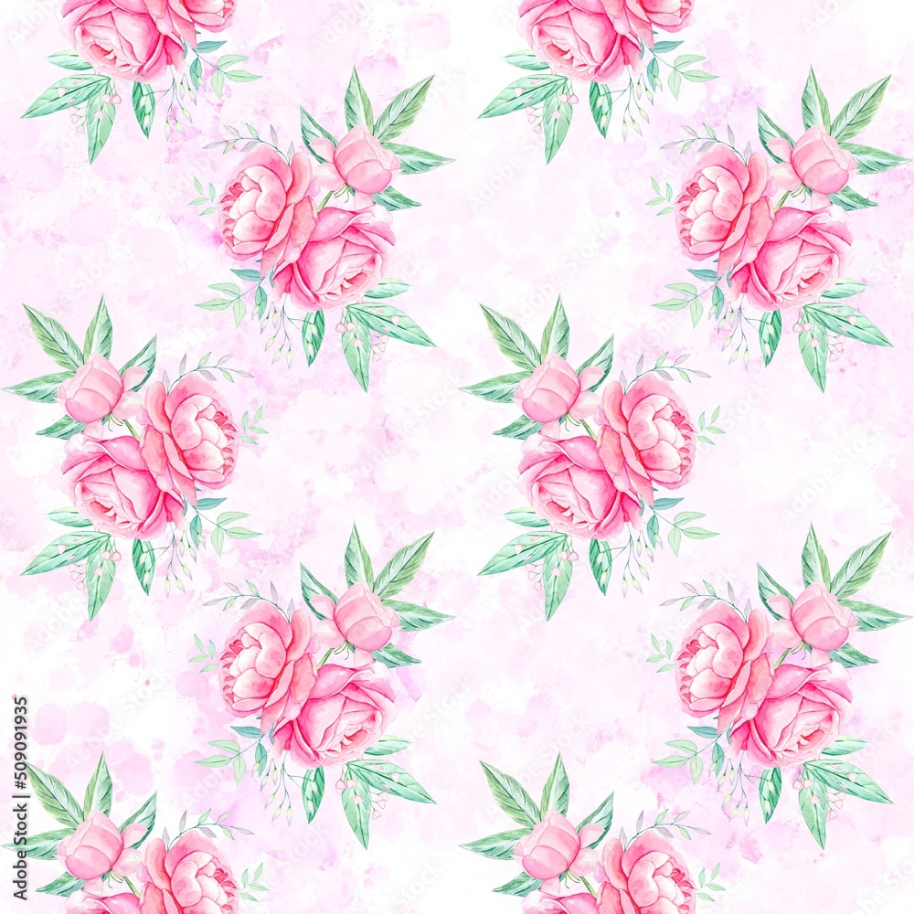 Obraz premium Seamless pattern with pink peonies on a light background