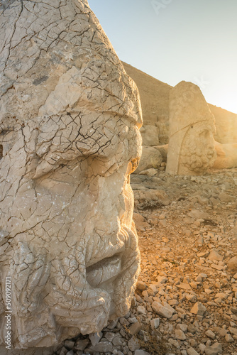 Antique statues at sunrise on Nemrut mountain in Turkey.