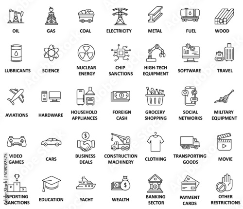 set of 35 icons related to sanctions