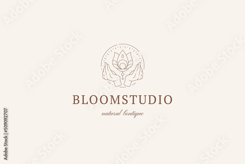 Bright minimalist logo human hands holding natural esoteric lotus flower spiritual logotype vector
