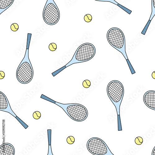 Seamless pattern of tennis rackets and ball. Vector illustration of sports equipment background, healthy and active lifestyle concept.