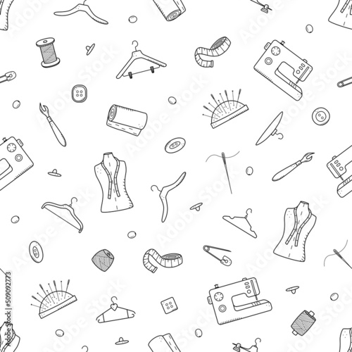 Seamless pattern tools for sewing and needlework. Doodle icon set tailoring, vector illustration.