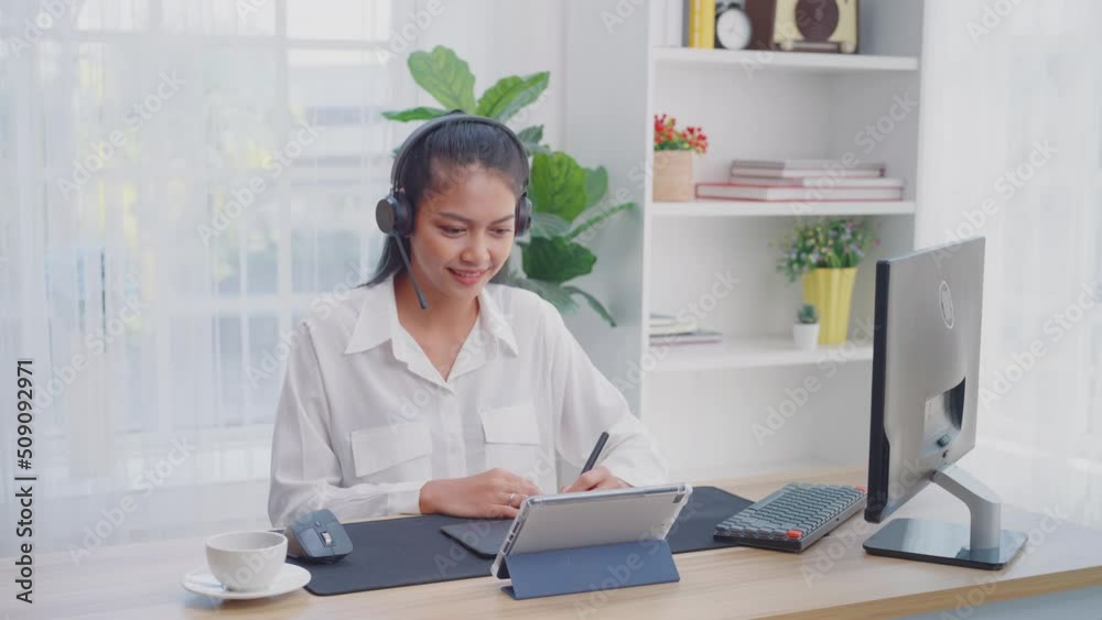 Asian women meeting online, working at home. Asian women meeting online, working at home.