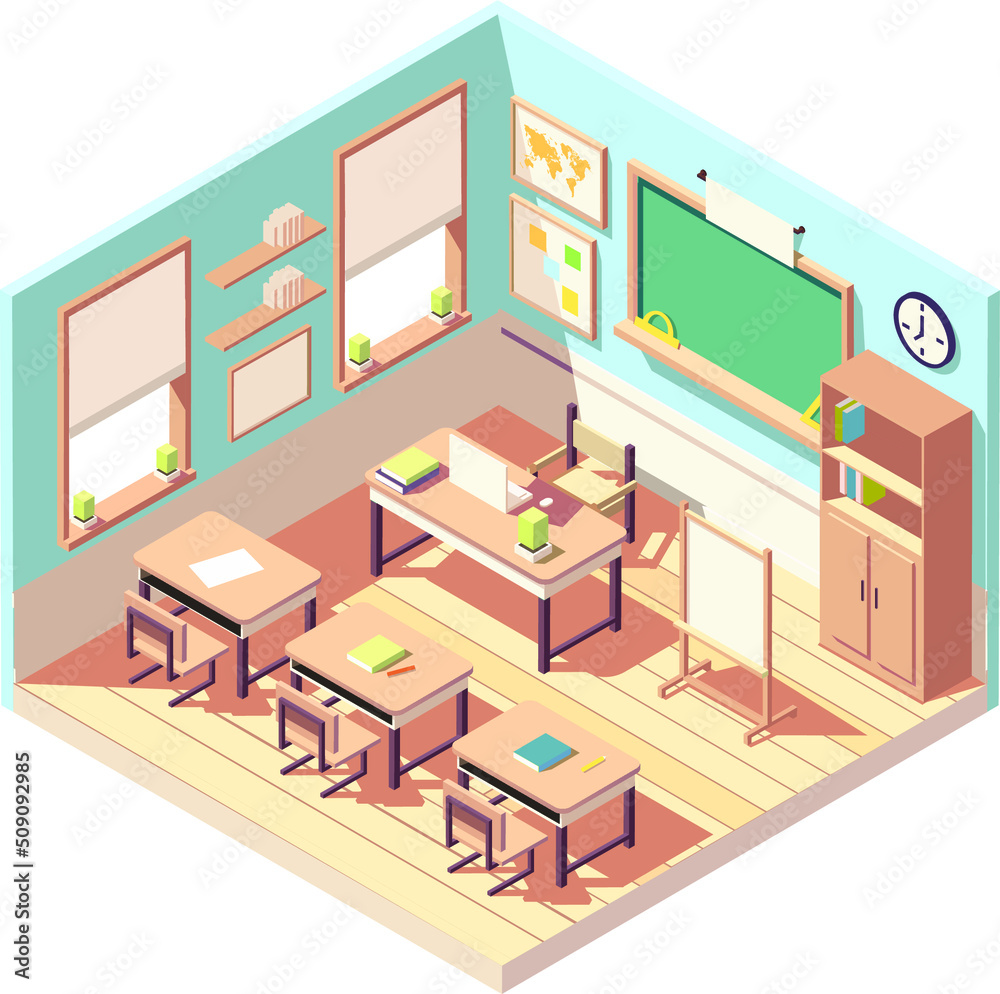 isometric lovely empty classroom interior, school or college class isometric lovely empty classroom interior, school or college class