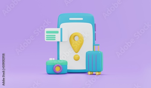 3D Rendering of smartphone luggage location symbol ticket camera icon concept of application for travel vacation on background. 3D Render illustration cartoon style.