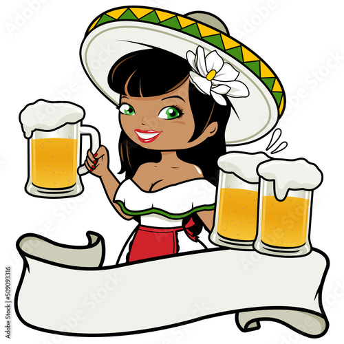 Mexican waitress serving beer.  Blank banner for text. Vector illustration