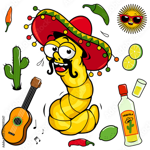 Mexican collection with mariachi tequila worm. Vector illustration set