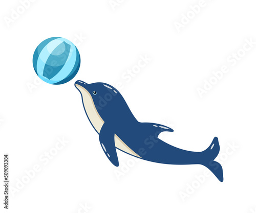 Cartoon cute dolphin with a ball in the dolphinarium. Vector illustration of a trained sea animal in a zoo
