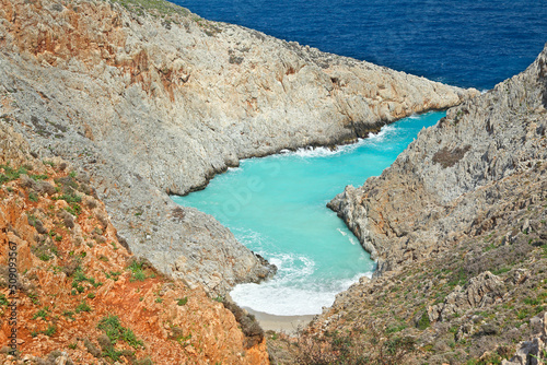 Amazing beach of Seitan Limania, a famous, magical shore of turquoise waters. Located in Akrotiri peninsula, very close to Chania town, in Crete island, Greece, Europe. 
