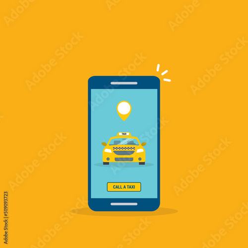 Taxi online service on mobile application with yellow taxicab and location. Get a taxi. Concept for order taxi service. 